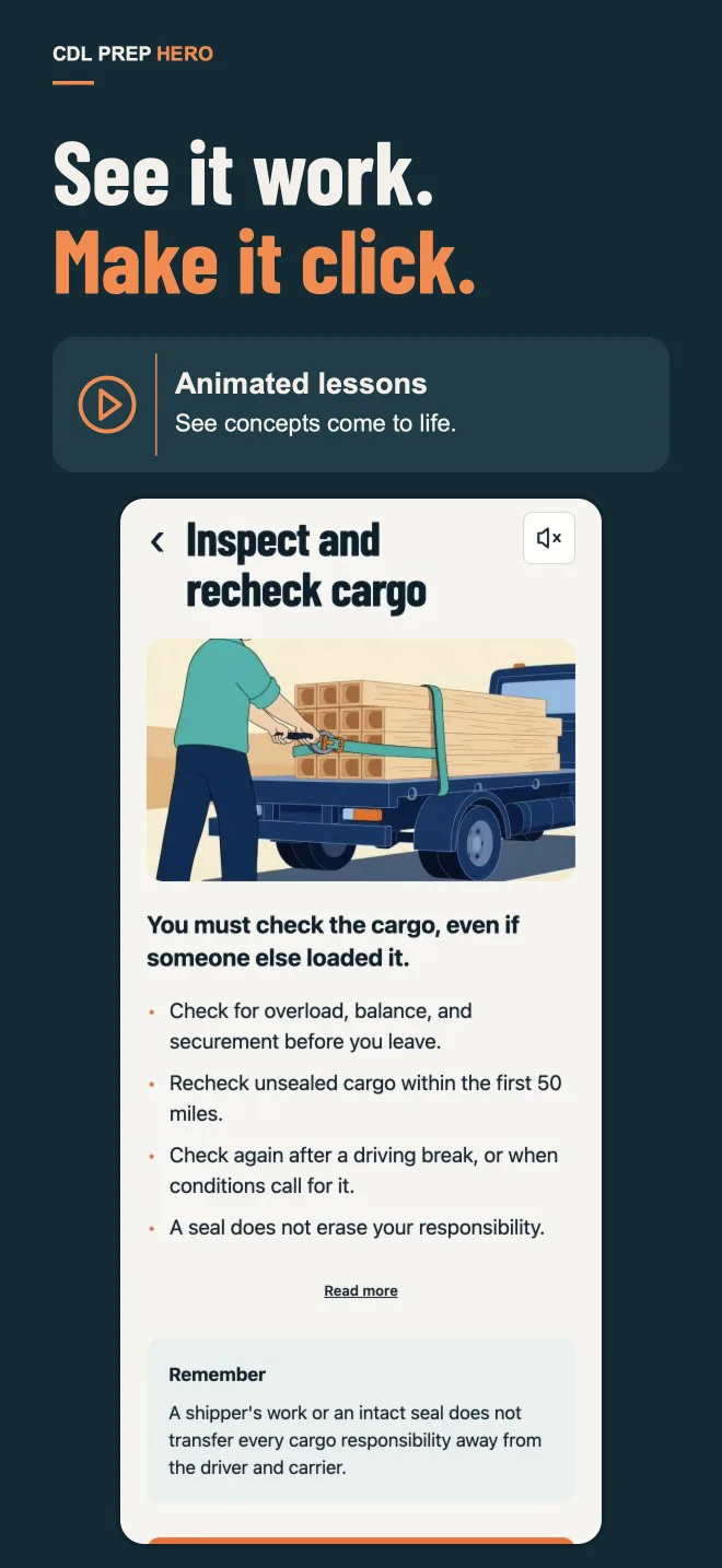 Animated lesson: inspect and recheck cargo, with a diagram of a driver checking a load