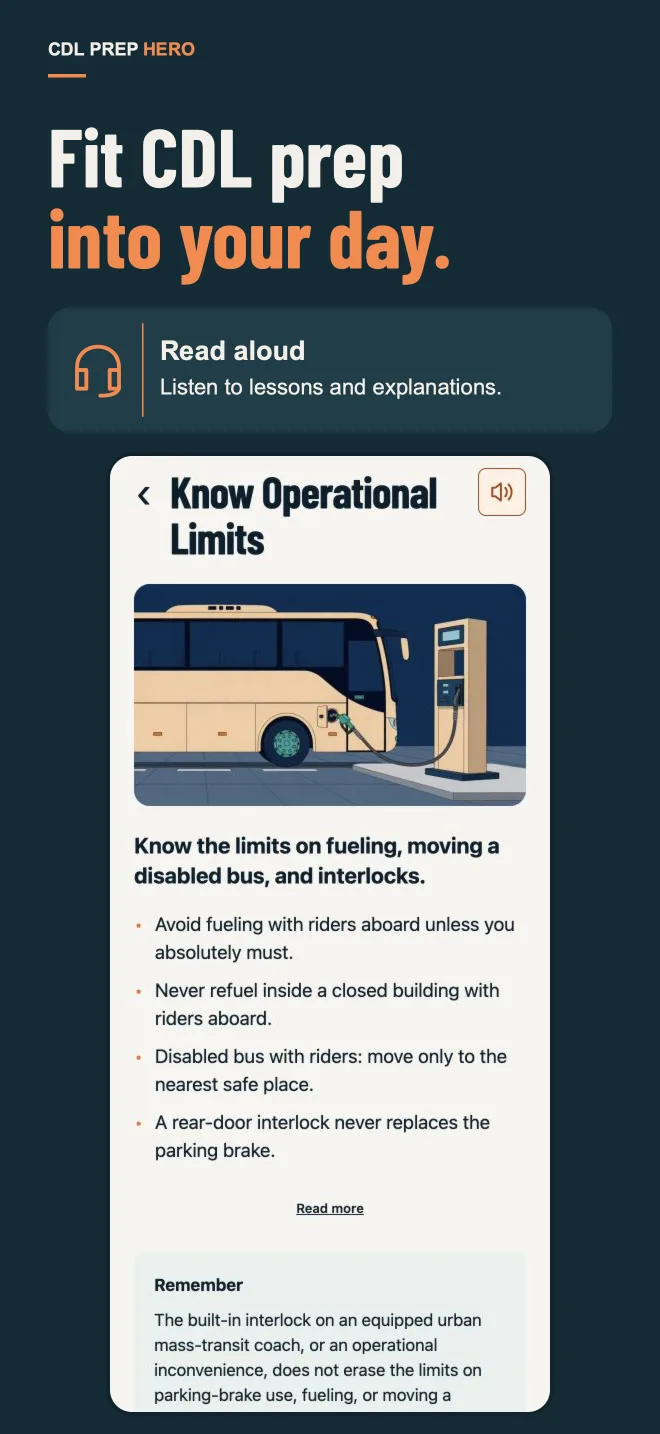 Read-aloud lesson on bus operating limits, with an illustration of a bus at a fuel pump