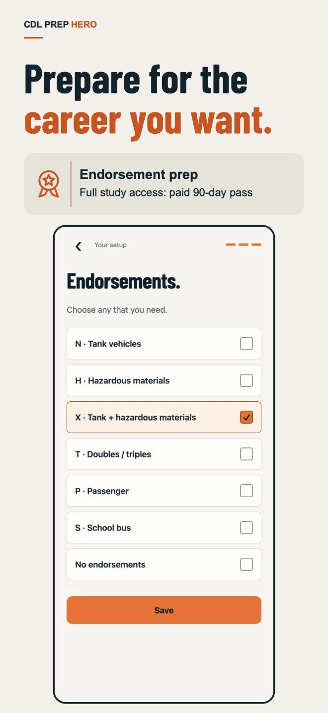 Setup screen for choosing endorsements such as tank vehicles, hazmat and passenger