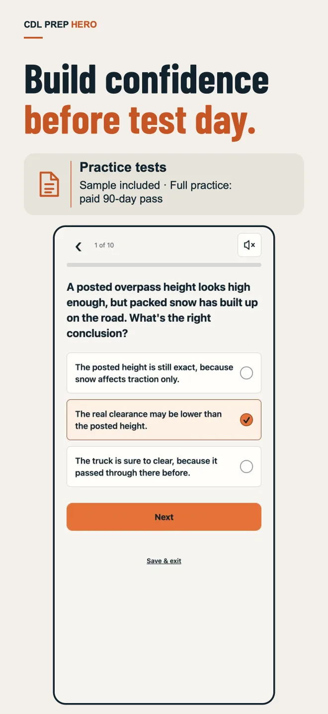 Practice test question about overpass clearance, with the selected answer highlighted