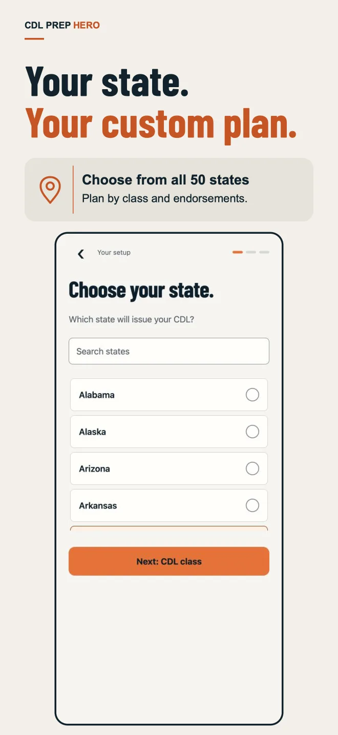 Setup screen for choosing the state that will issue your CDL